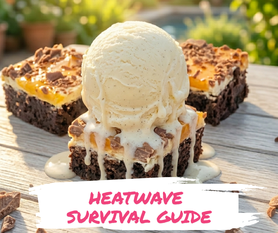 Brownies with ice cream melting on top in a heatwave