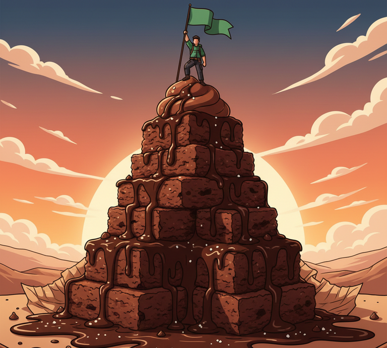 Illustration of a pyramid made of brownies with a person on top holding a green flag against a sunset sky.