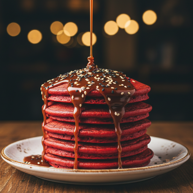 Stack of red pancakes with soy caramel syrup and sesame seeds on top, on a wooden table.