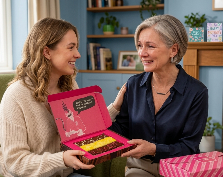 Lady giving a box of open brownies to her mum in a blue living room