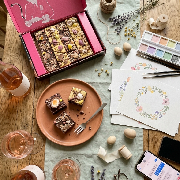 Table setting with a box of assorted chocolate brownies, glasses of rose wine, and stationery items.