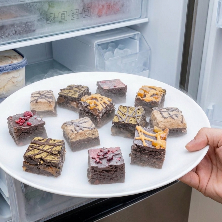 a plate of frozen brownies being taken out of a domestic freezer to be served as a summer dessert