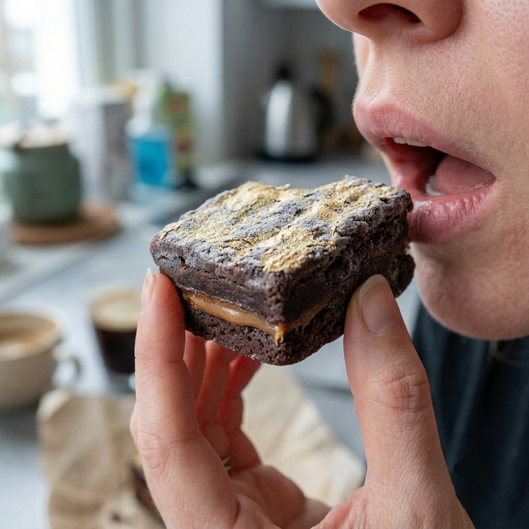 half frozen salted caramel brownie held in a female hand with a bite mark taken out of it