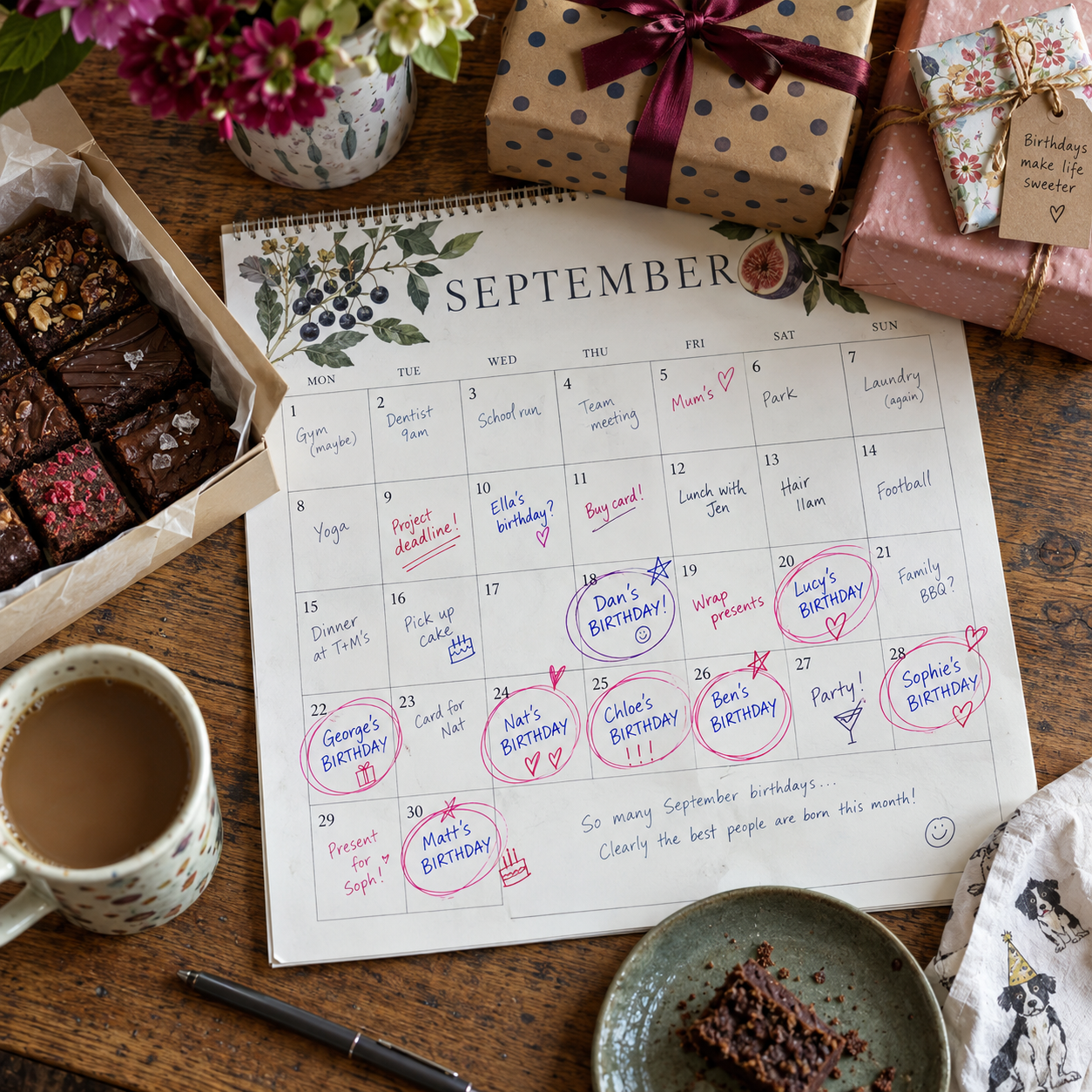 overhead shot of table with a packed september calendar surrounded by gifts and brownies and coffee