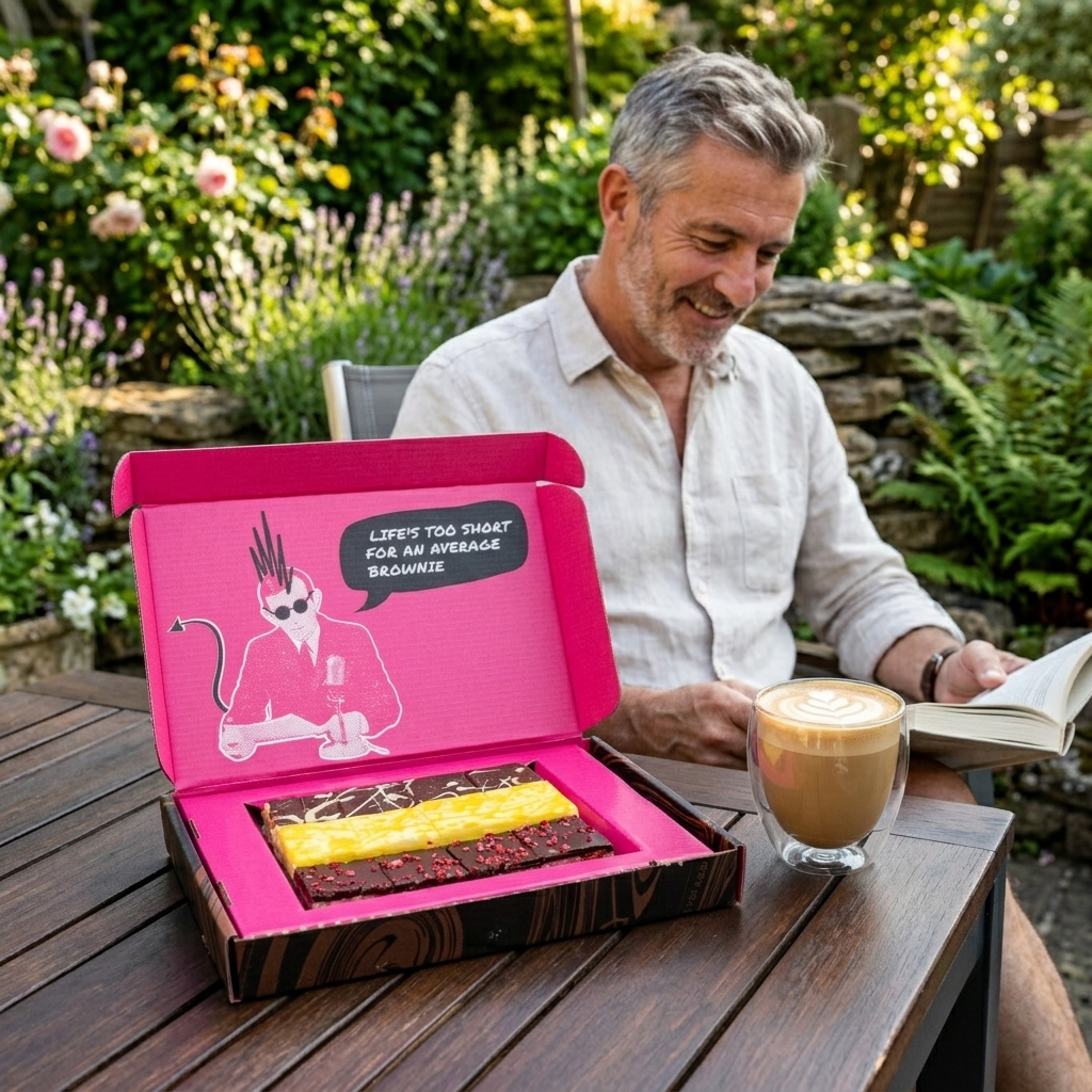 Father enjoying brownies in the garden on Father's Day.