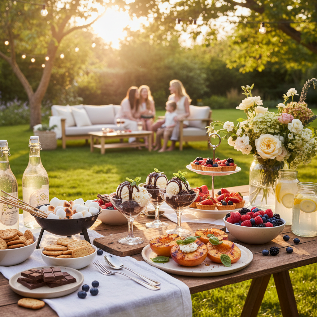 Summer barbecue dessert table with brownies, s'mores and grilled fruit.