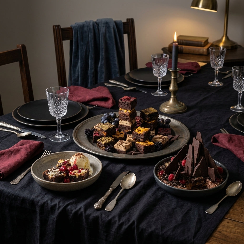 Halloween dinner party spread with several brownie based spooky desserts on a black tablecloth