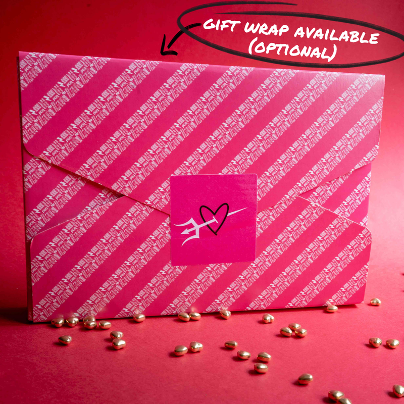 Pink brownie gift box with white text pattern on a red background, featuring a heart logo for love or Valentines