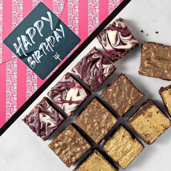A grid of decorated brownie bites on a neutral background with a Happy Birthday graphic in the corner