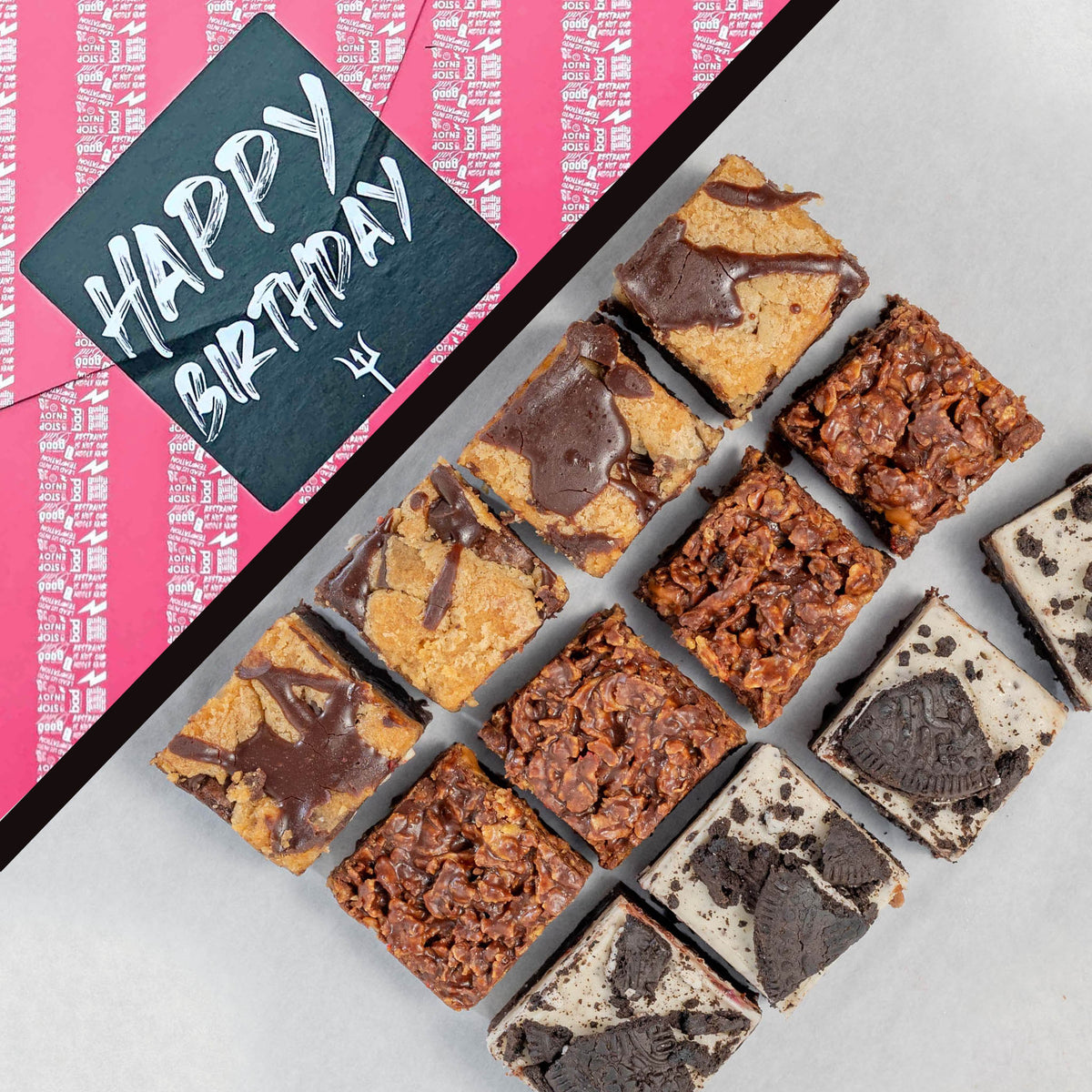 The Fully Loaded 12 Bite Brownie Box in Happy Birthday gift wrap. A grid of decorated brownie bites on a neutral background with a Happy Birthday graphic in the corner