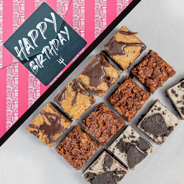 A grid of decorated brownie bites on a neutral background with a Happy Birthday graphic in the corner