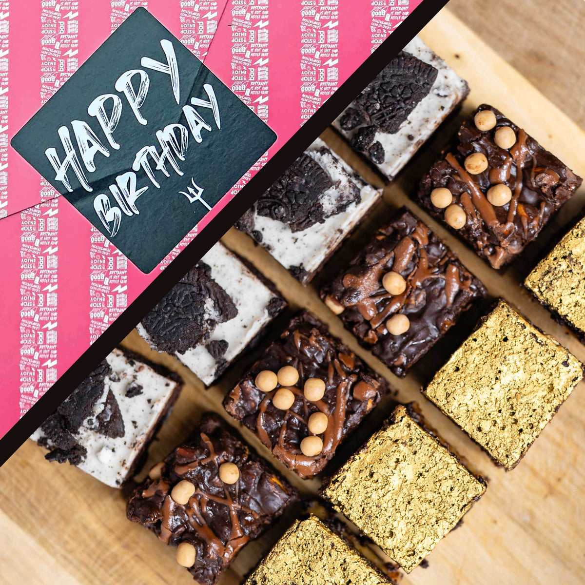 LIMITED EDITION Cosy Cravings Brownie Box in Happy Birthday gift wrap. A styled flat-lay of assorted chocolate brownies arranged on a wooden board, with a pink gift wrap reading “HAPPY BIRTHDAY
