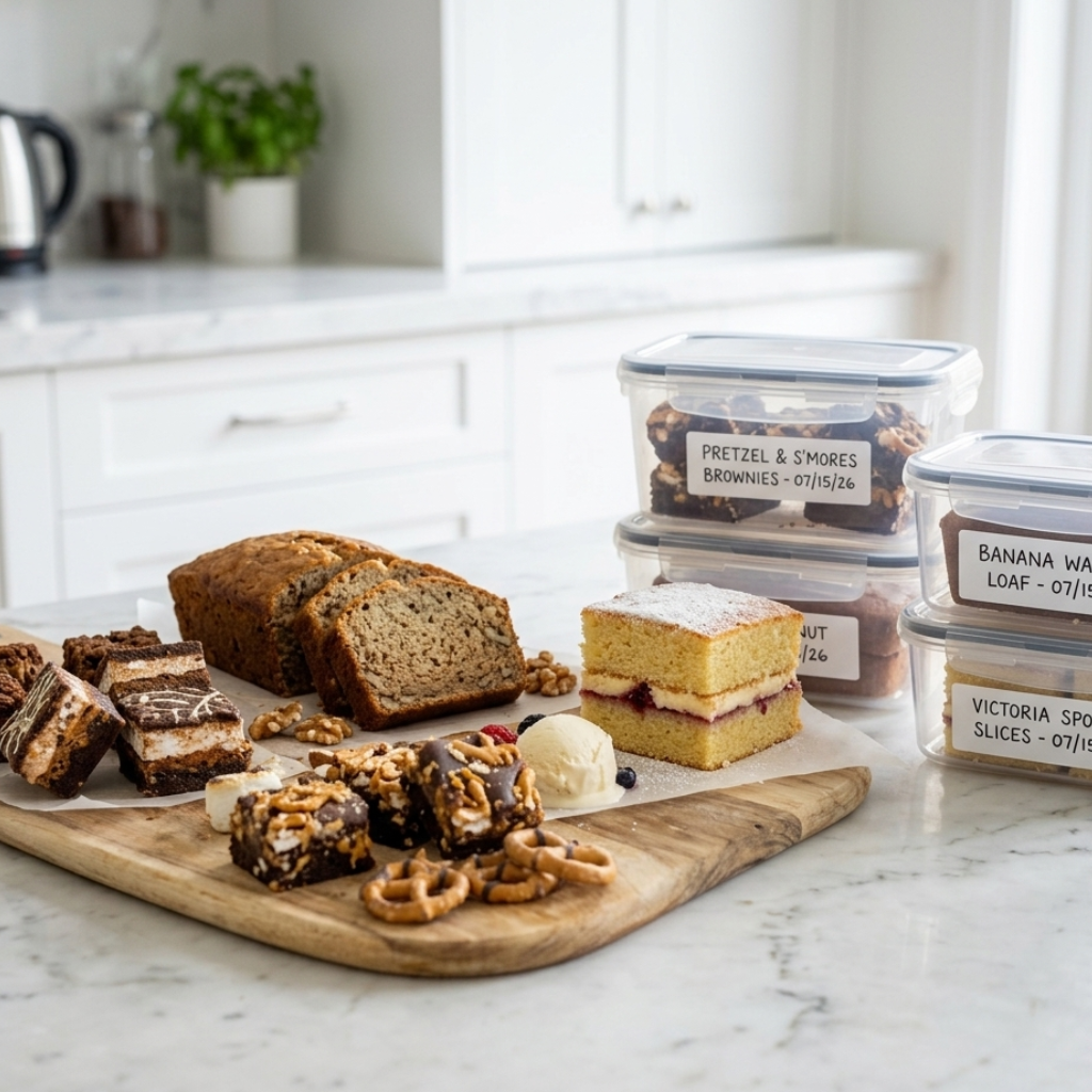 Cakes and brownies prepared for freezing.