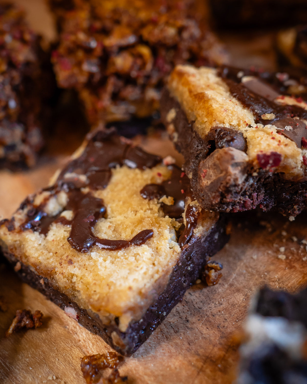 Close-up of chocolate brownie cookie brookies with a rich, dark chocolate layer.
