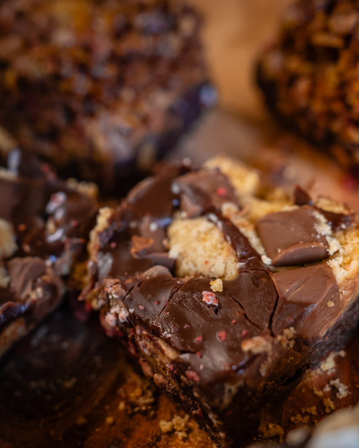Close-up of chocolate brownie cookie brookies with a rich, dark chocolate layer.