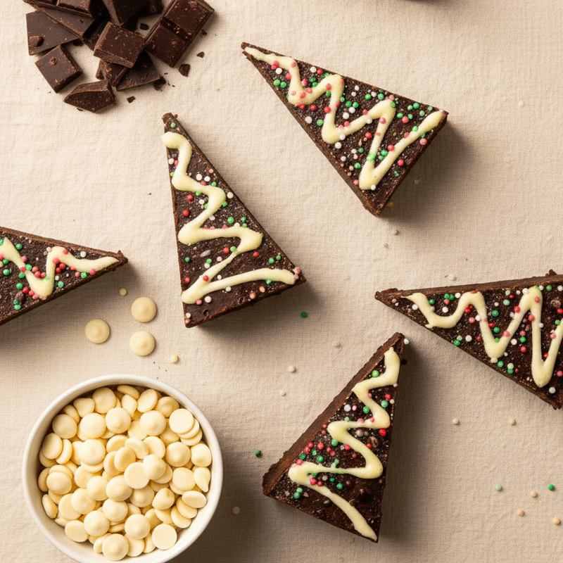Triangular chocolate treats with white drizzle and sprinkles on a beige surface, surrounded by chocolate pieces and white chocolate chips.