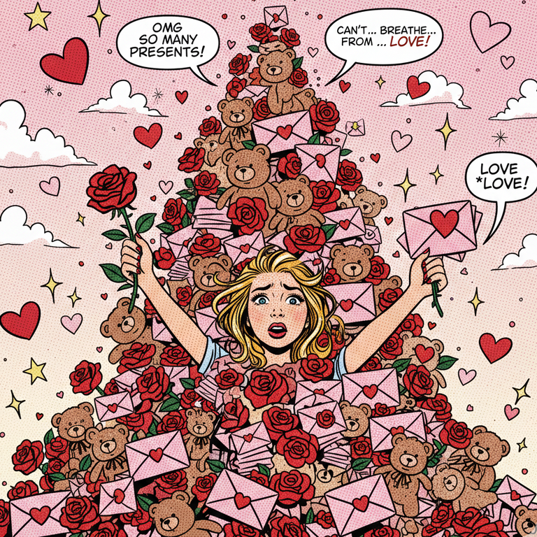 Comic-style illustration of a woman overwhelmed by someone love bombing her with teddy bears, roses, and letters.