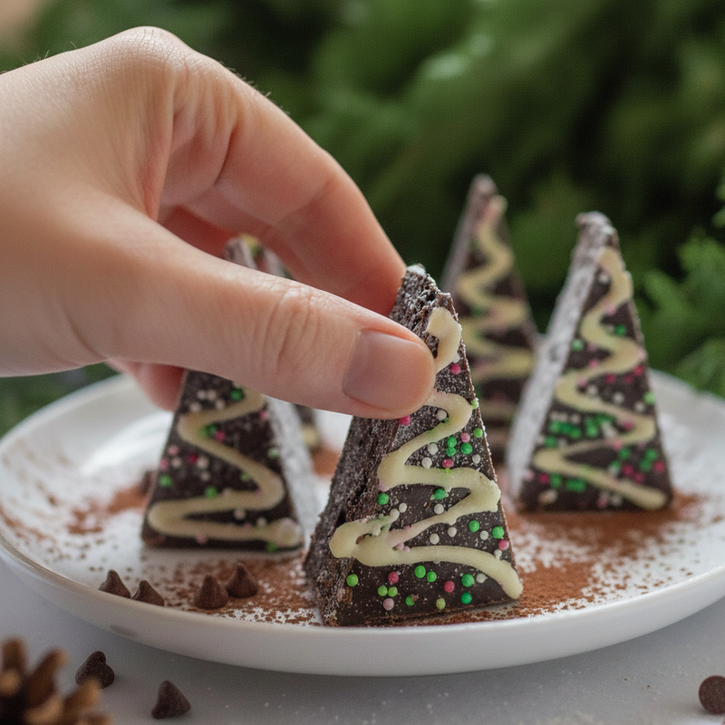 Chocolate tree-shaped cookies with white icing and sprinkles on a plate, with a hand reaching for one.