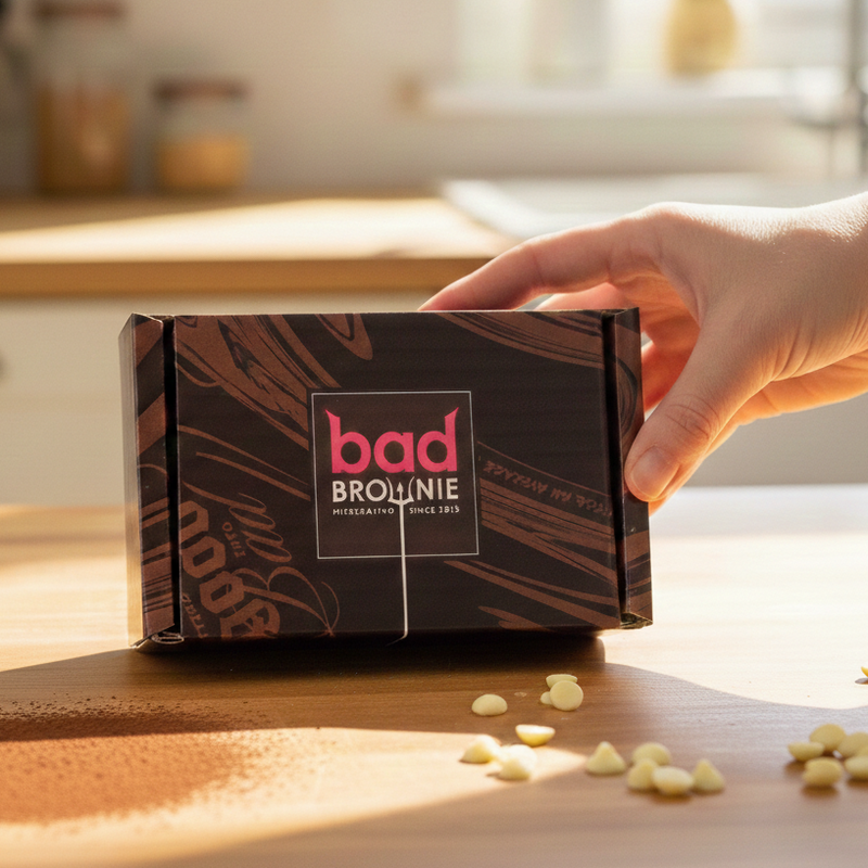 Hand holding a box of 'BAD BROWNIE' brownies by post in a kitchen setting