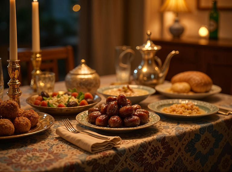 Celebration Iftar dinner with food on a  colourful tablecloth in a warmly lit room