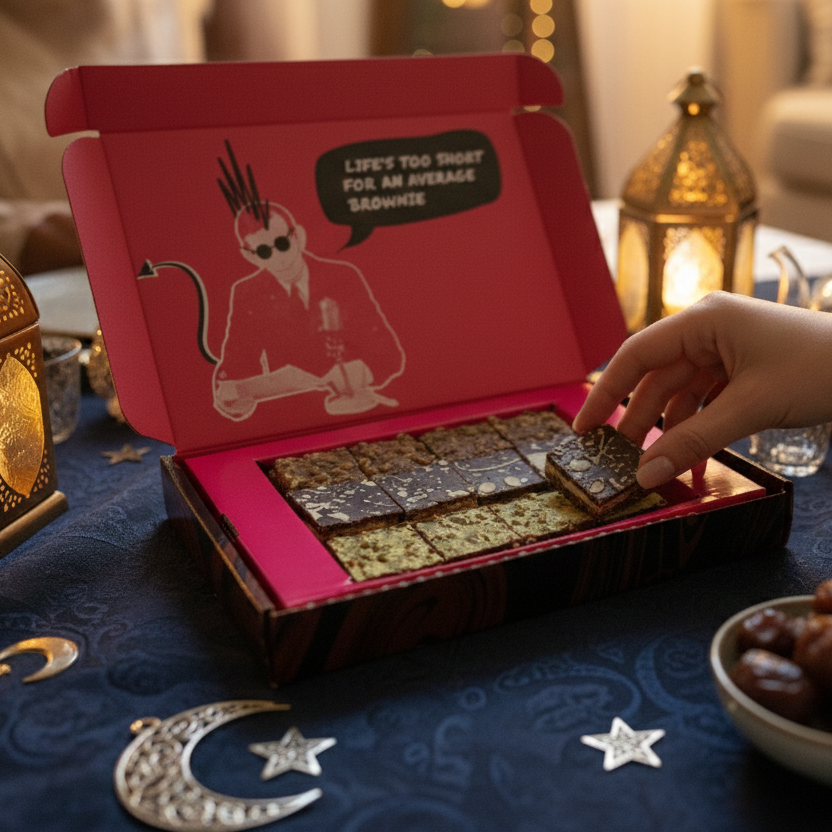 Ramadan and Eid gift of a box of open  chocolate brownies on a decorated table