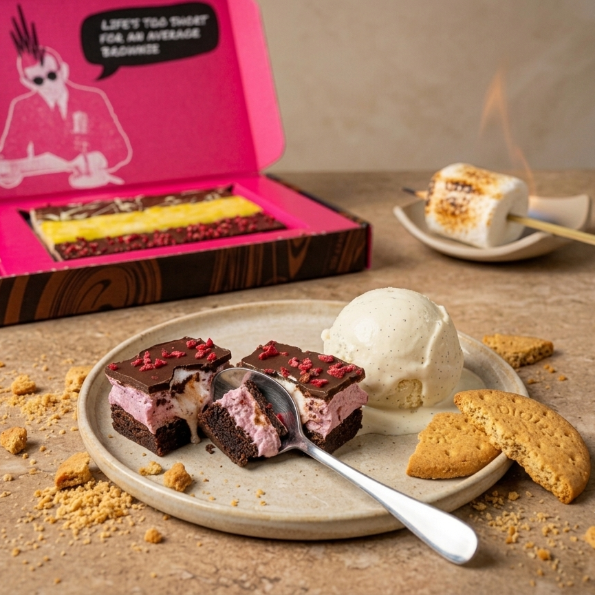 plated brownie dessert with ice cream and biscuits with a box and smores in the background