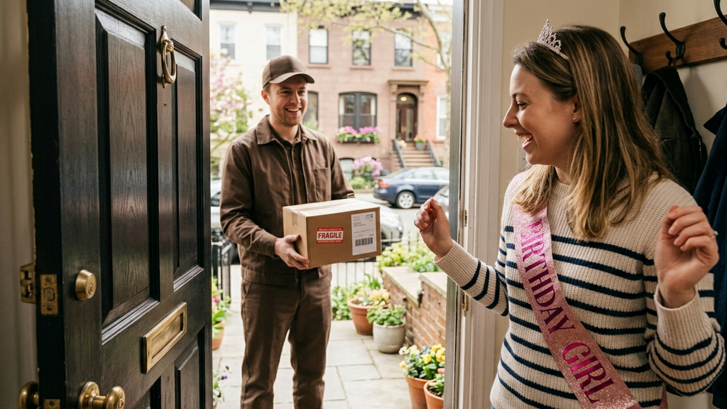 Man delivering a package to a woman celebrating her birthday at her front door.