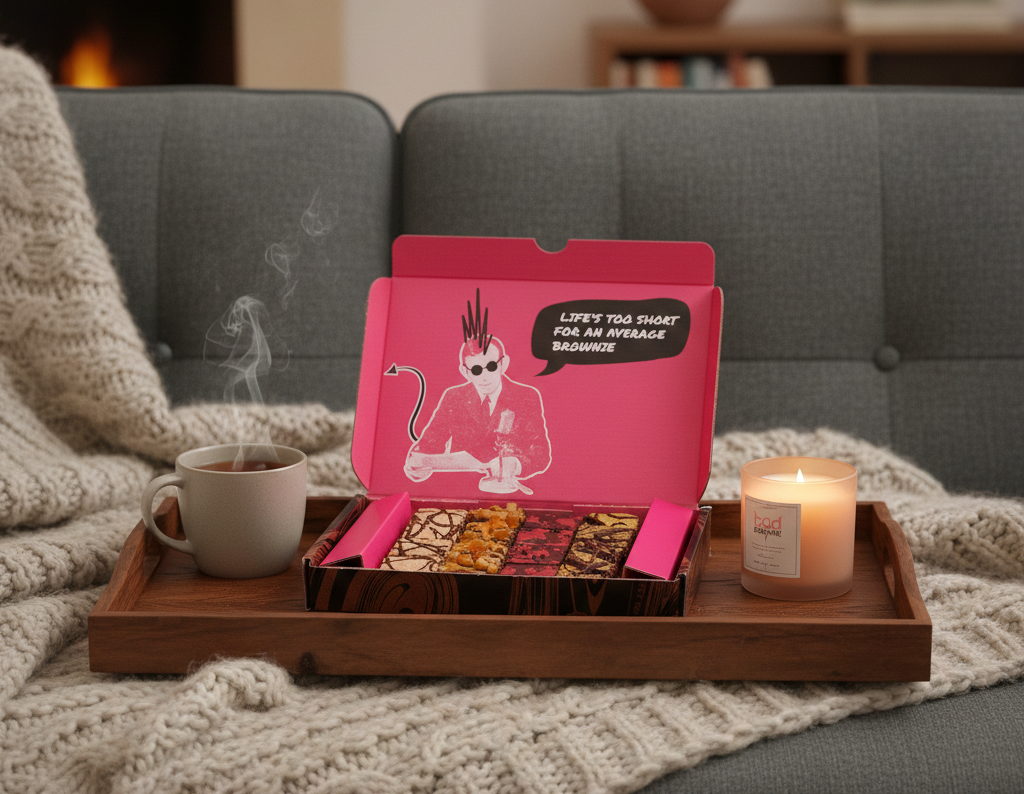 Vegan brownie box enjoyed as a cosy treat at home