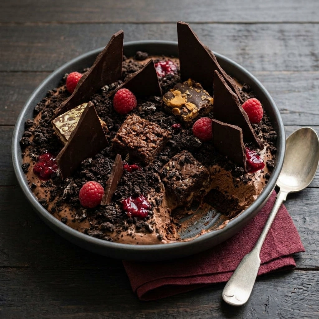 Chocolate mousse graveyard pudding with brownie chunks, Oreo soil, raspberries and chocolate shards.