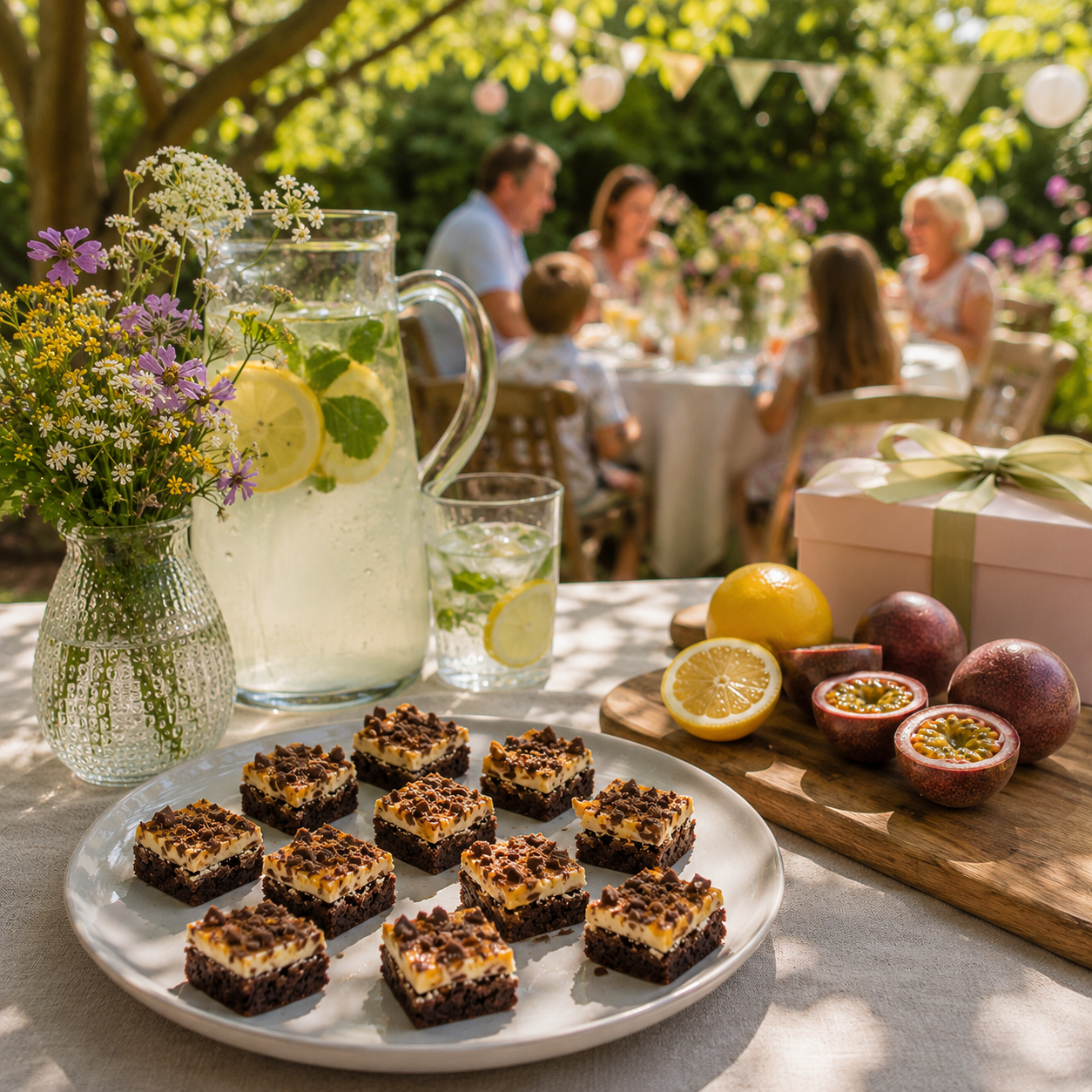 PAssionfruit and white chocolate brownies in a summer garden party scene with a jug of lemonade some fresh flowers and passionfruit and lemons on the table