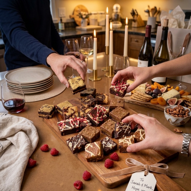platter on wooden table in someone's kitchen in the evening containing assorted chocolate brownies with hands reaching in to gram them