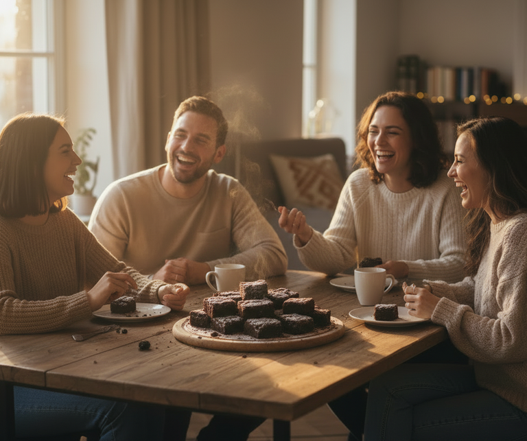 Four friends enjoying a casual gathering around a wooden table with brownies and coffee.