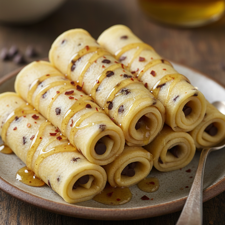 a plate of rolled choc chip pancakes with a drizzle of honey and chilli flakes on top