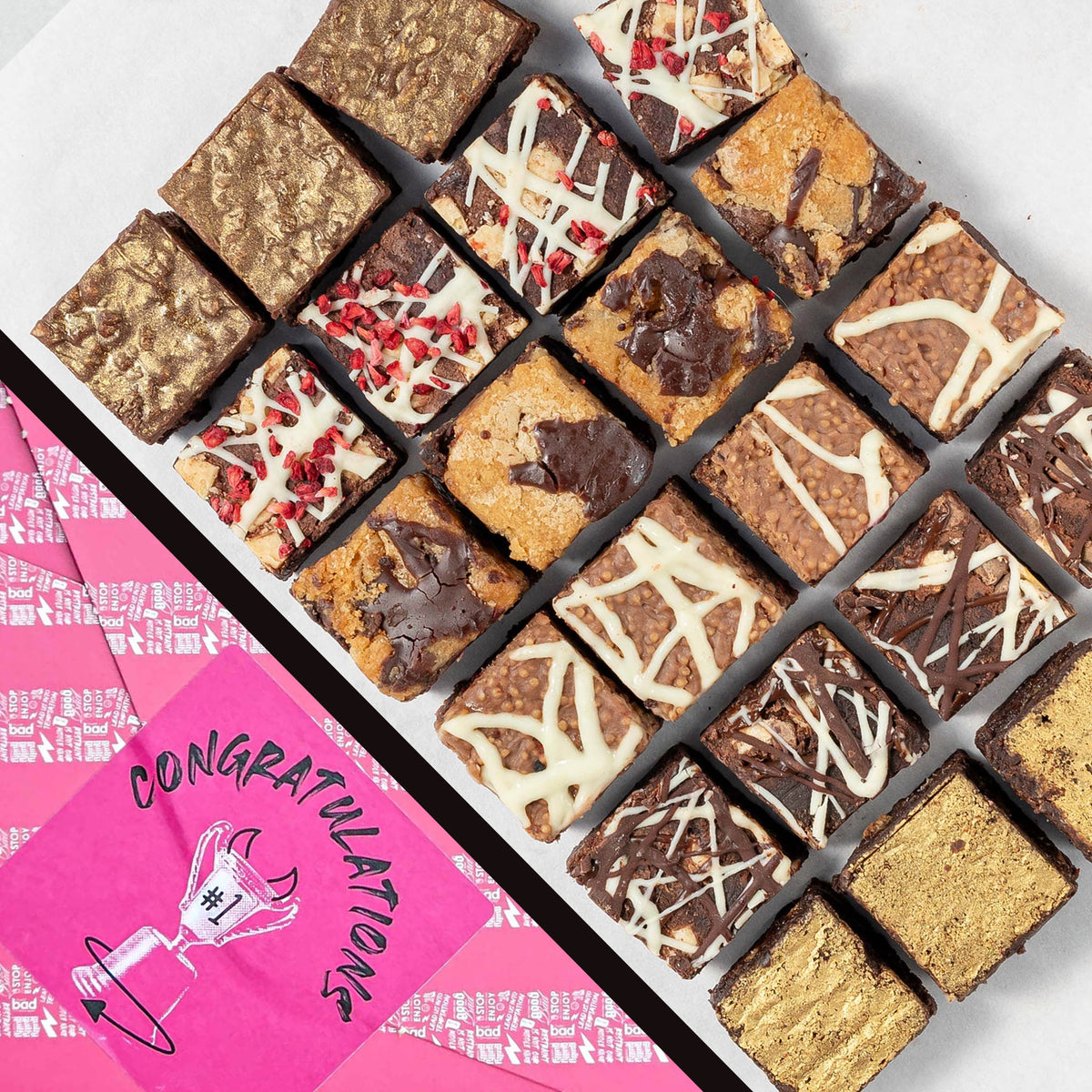 The Premier 24 Bite Brownie Box in Congratulations gift wrap