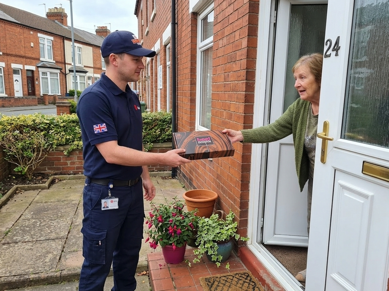 Person delivering a box of brownies to an elderly woman at her door.