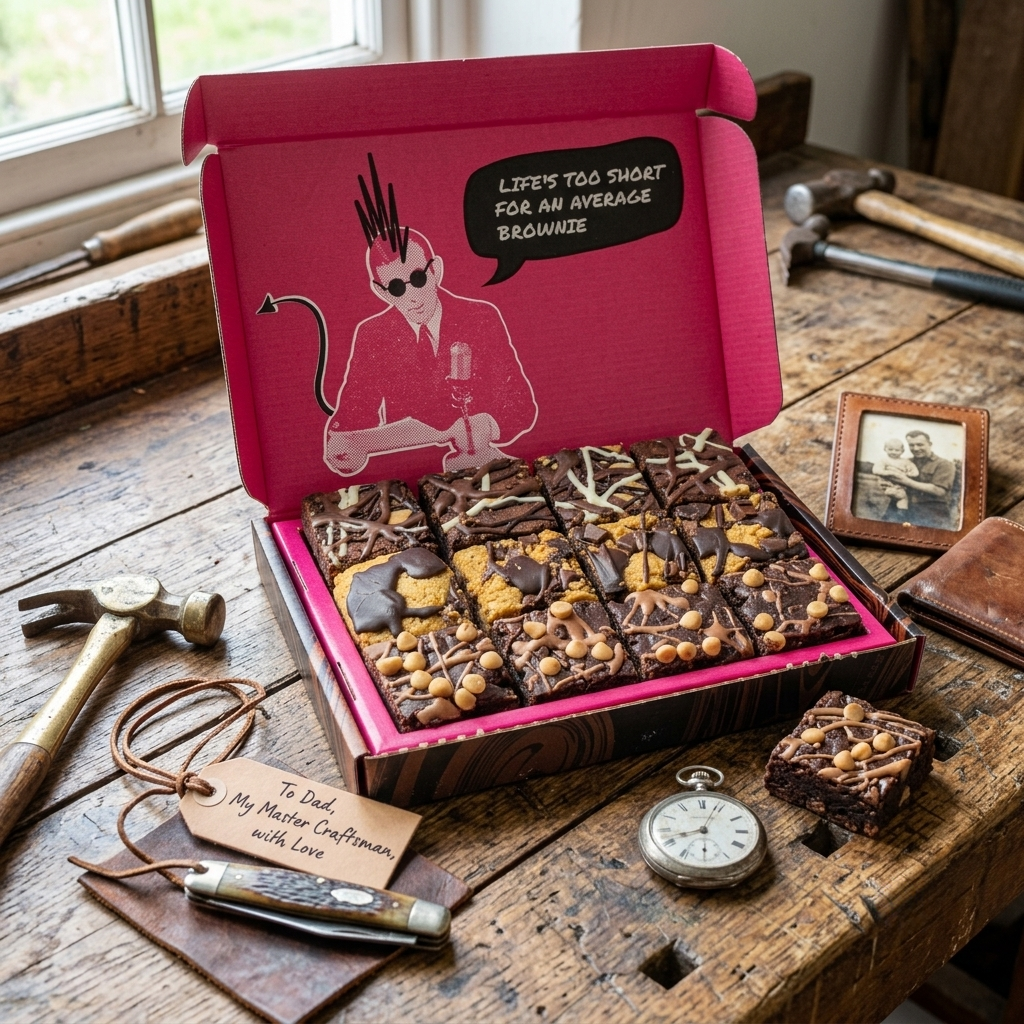 Box of assorted brownies with a pink lid on a wooden surface, featuring a humorous illustration and text.