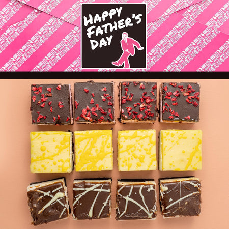 Assorted chocolate brownies in a grid pattern with a 'Happy Father's Day' gift wrap on a pink and white striped background.