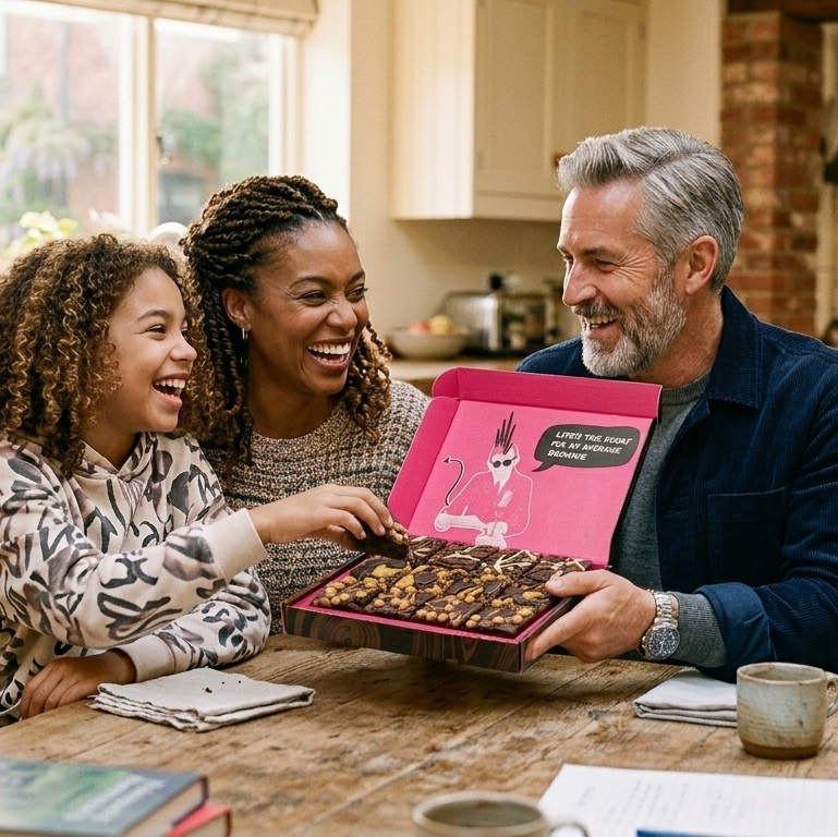 Family of three in a kitchen with a pink brownie box, which was a gift for Father's Day