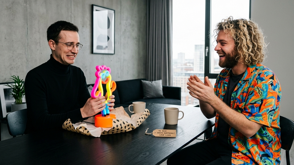 Two men sitting at a table with a colorful present, in a modern living room setting.