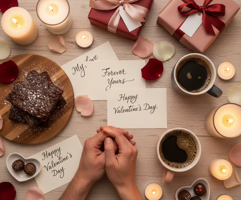 Valentine's Day-themed table setting with candles, gifts, chocolate brownies and a card.