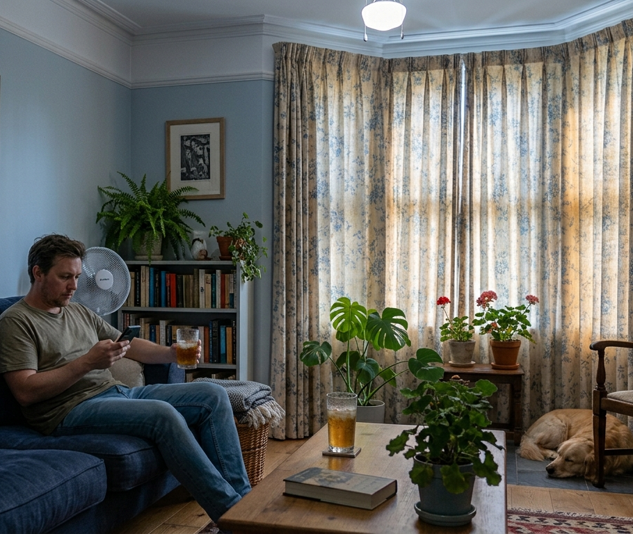 Man sitting on a blue couch in a living room with plants and books.