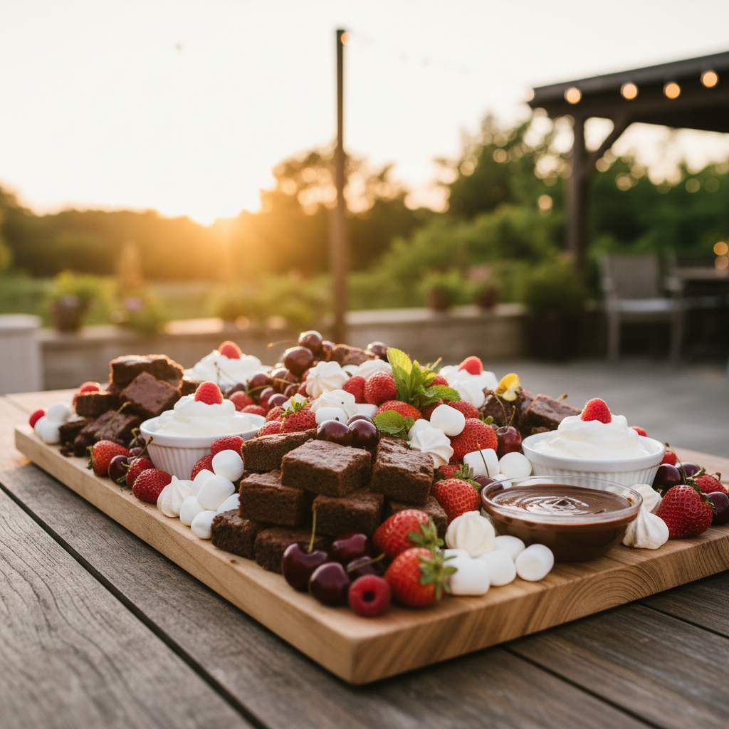 A large wooden serving board filled with assorted desserts, including brownie squares, whipped cream, strawberries, raspberries, cherries, and marshmallows, set on a wooden table outdoors at sunset.