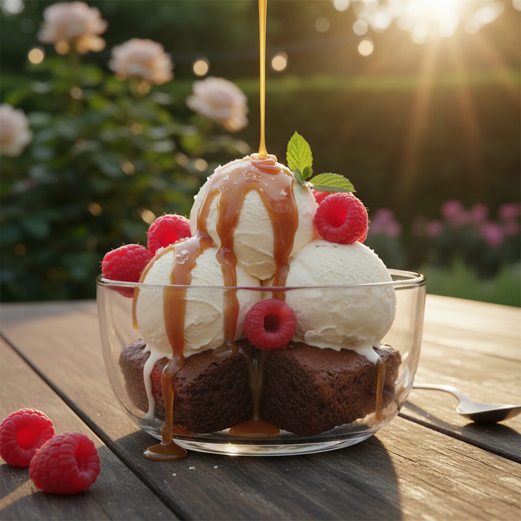 Brownie ice cream sundae served at a summer barbecue.
