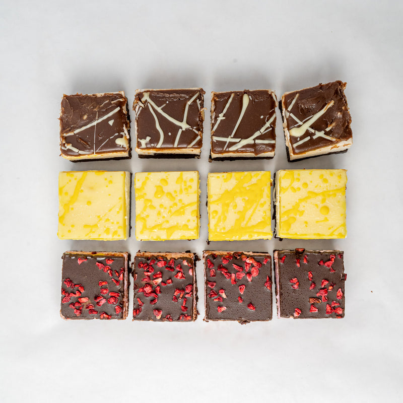 Nine square slices of different flavour chocolate brownies arranged in a 3x3 grid on a light gray background.