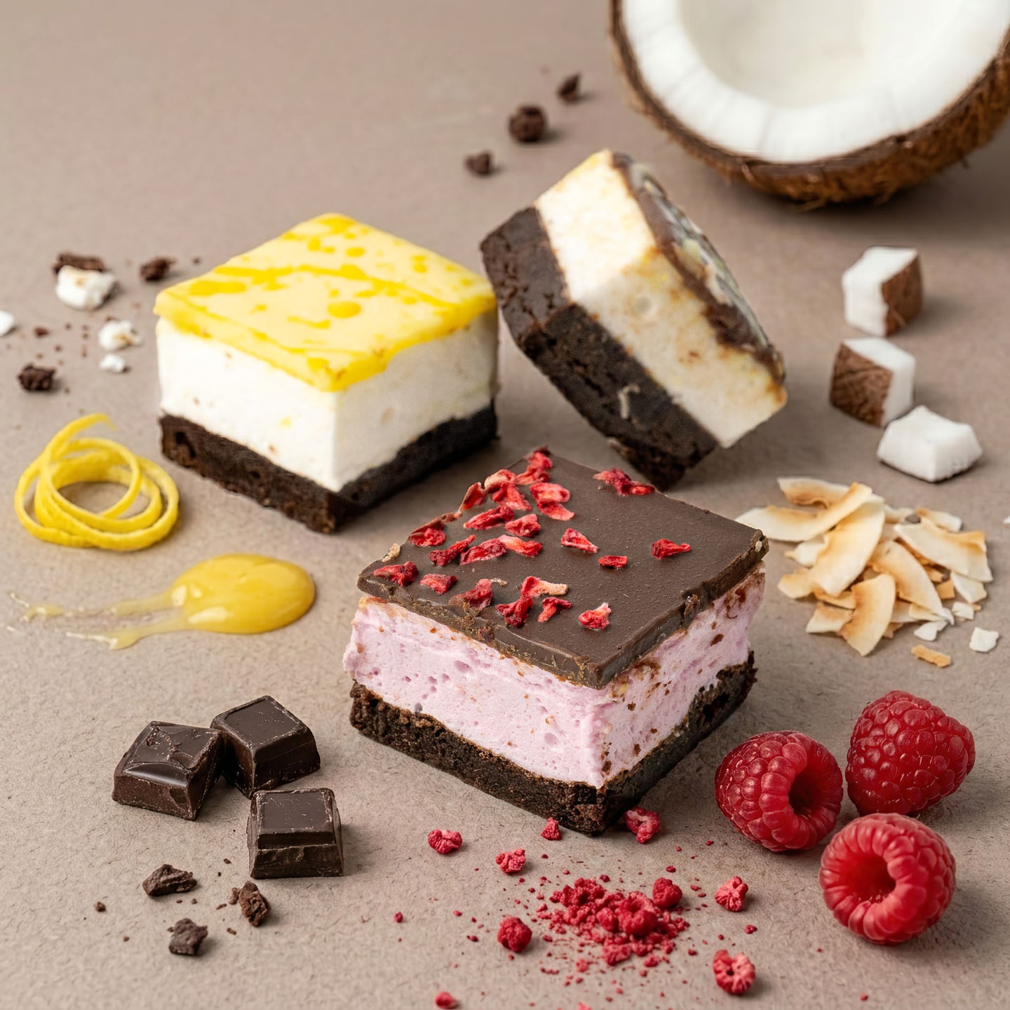 Assorted marshmallow chocolate brownies with different toppings on a textured surface.
