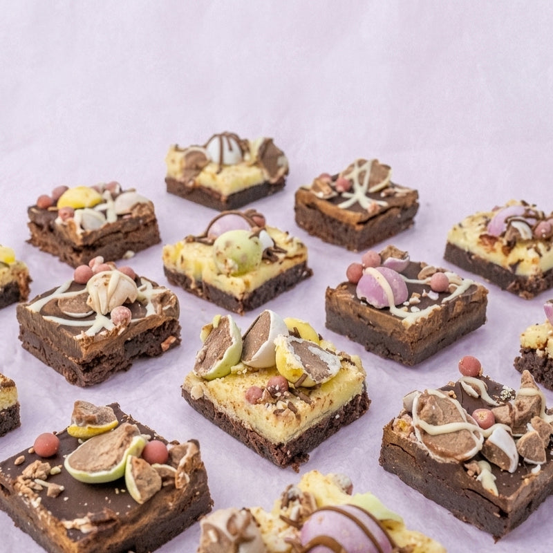 mini egg chocolate brownies on pale purple background