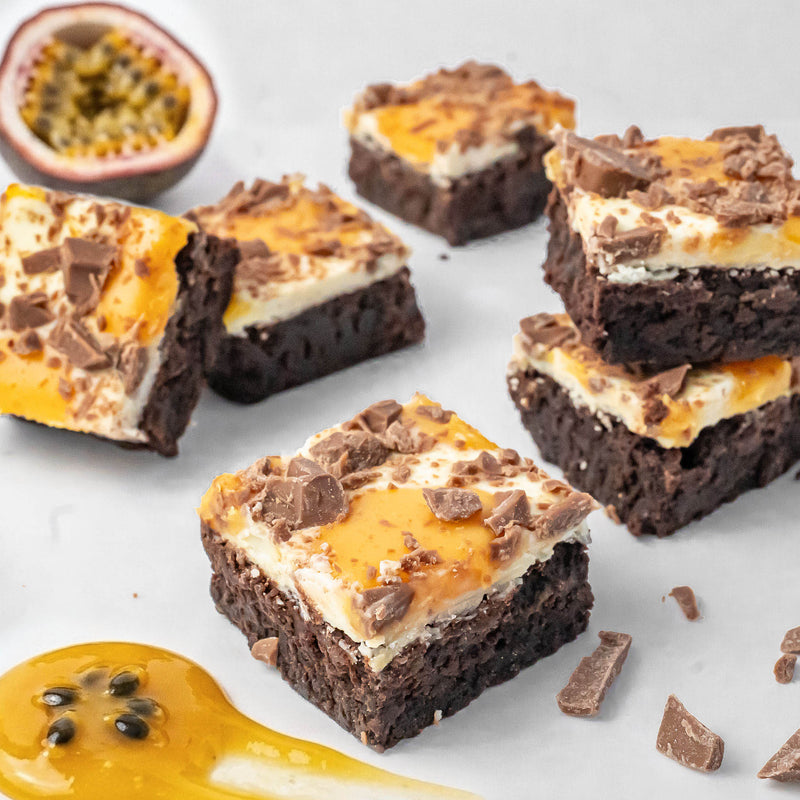 6 pieces of white chocolate and passionfruit chocolate brownies