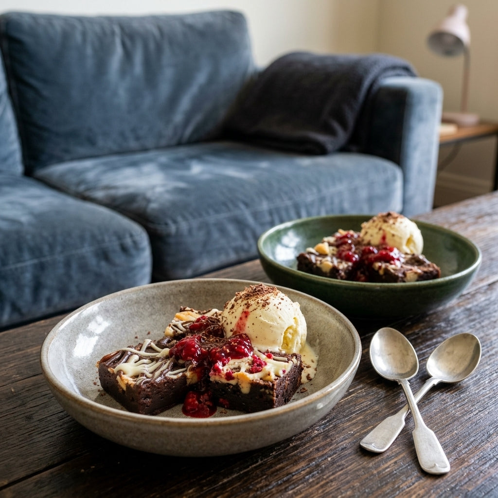 Warm brownie sundaes with vanilla ice cream and raspberry sauce in two bowls.