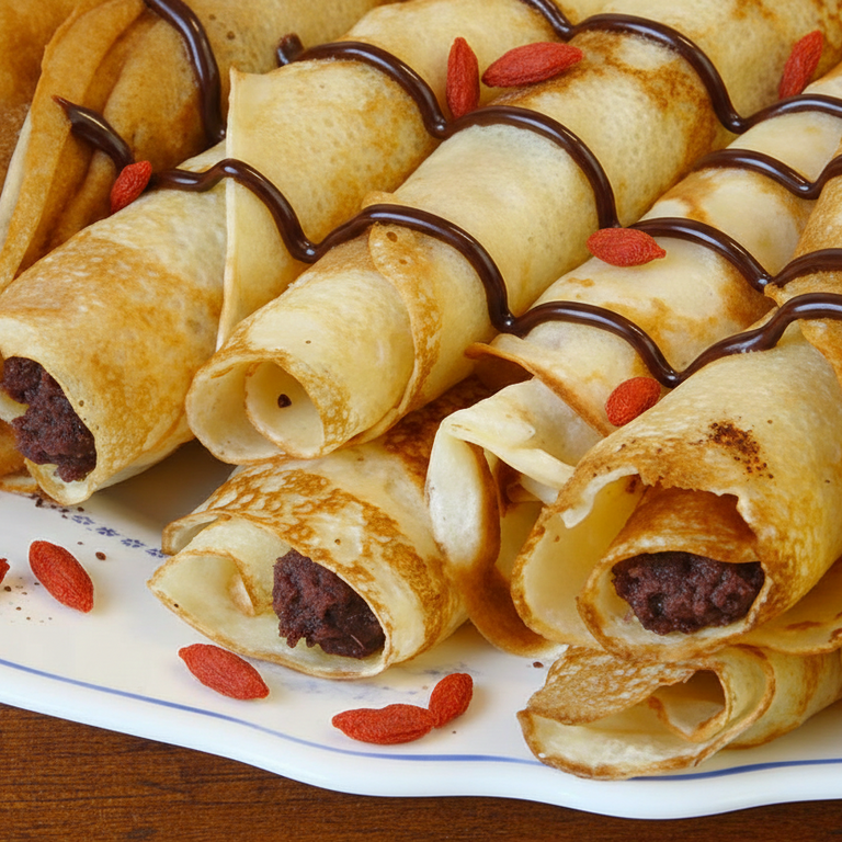 a plate of rolled pancakes stuffed with red bean paste, with a drizzle of dark choc and goji berries on top