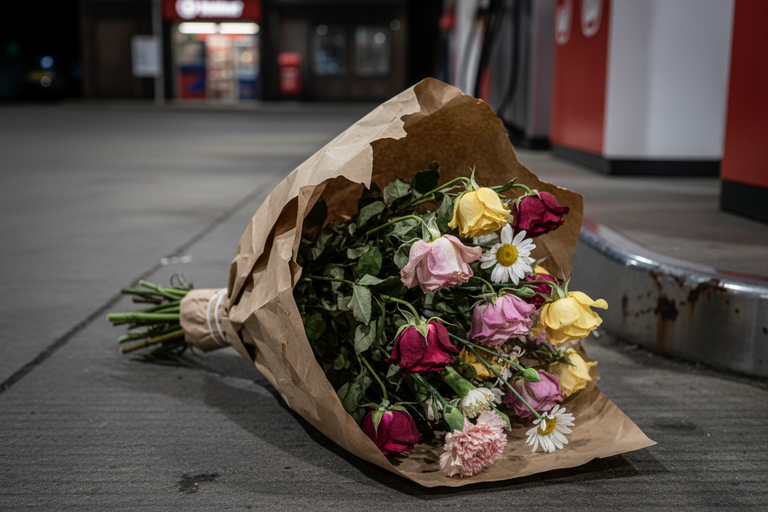 Bouquet of sad looking wilted flowers wrapped in brown paper on the concrete floor of a petrol station